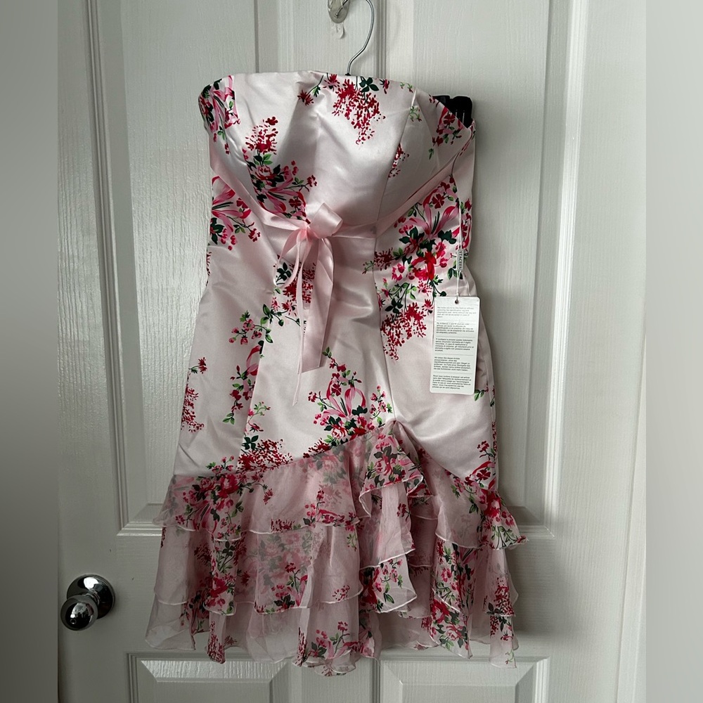 Strapless Pink Floral Ruffle Dress